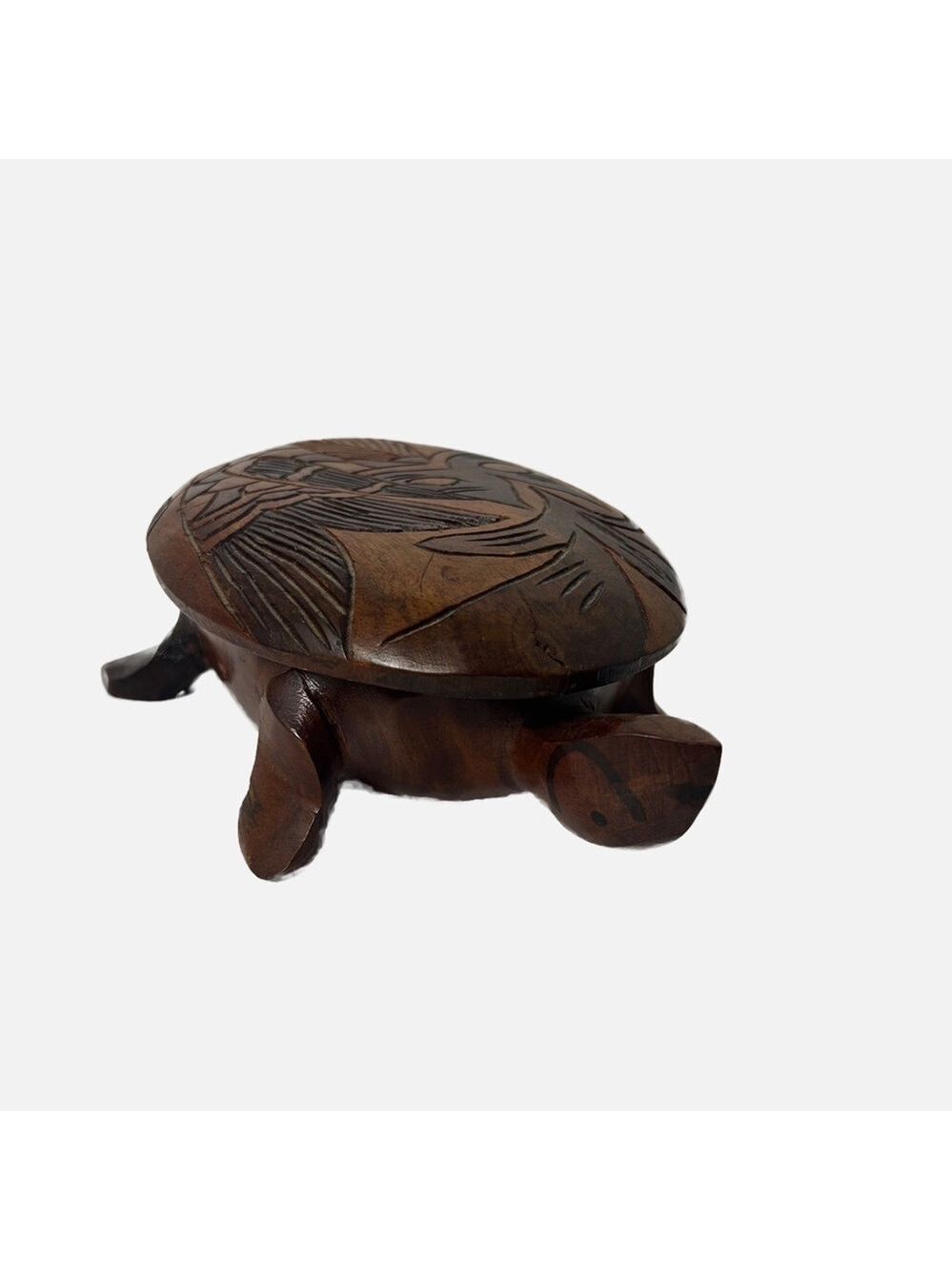 Vintage Hand Carved Wood Turtle Tortoise Trinket Coin Jewelry Box Brown Lid